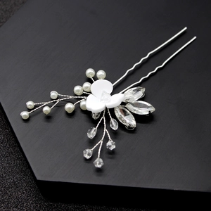 Silver bridal U-shaped hair pin with white floral accents, pearls and marquise rhinestones