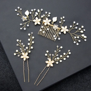 Handgefertigtes Braut Haarschmuck Set Legierung Künstliche Perle Strass Blume Haarkamm Und U-Förmige Haarnadeln Hochzeit Kopfschmuck Damen