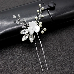 U-shaped hair pin with white resin flowers, imitation pearls, and clear rhinestones
