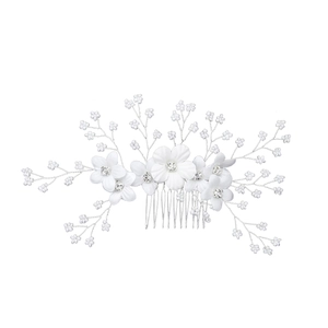 Elegant white floral bridal hair comb with pearls and rhinestones for wedding styling