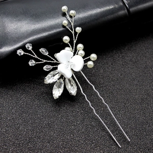 Handmade Flower Artificial Pearl U Shaped Hairpin Bridal Rhinestone Marquise Crystal Hair Fork Wedding Hair Accessories For Women