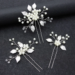 3er Set Braut Hochzeit Haarnadeln Handgefertigt Weizenblatt Kunstperle Kristall U-Form Haarnadeln Elegante Damen Haarschmuck Gold Silber