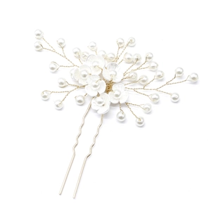 Handmade bridal hair pin with white flowers and pearls on gold branch-like wire