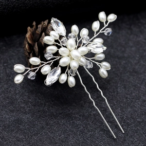 Handmade bridal hair pin with white pearls and sparkling marquise crystals for wedding hair