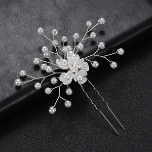 Handmade bridal hair pin with white shell flowers and pearls on silver U-shaped metal wire