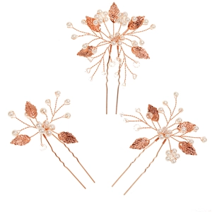 Details von roségoldenen Braut-Haarnadeln mit Perlen und hohlen Blatt-Verzierungen