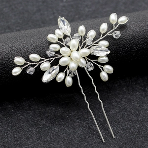 Handmade silver bridal hair pin with pearls and marquise crystals for wedding hair styles
