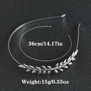 Detail view of silver olive leaf headband with dimensions 36cm and weight 15g measurements