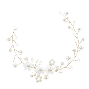 Elegant bridal headband with pearls, translucent flowers, and crystals on gold wire