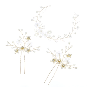 Handgefertigtes goldenes Braut-Haarranken-Set mit weißen Perlen und Kristallen für Hochzeiten