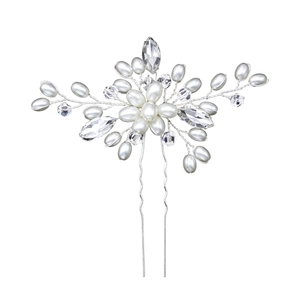 Handmade bridal hair pin with pearls and marquise rhinestones on silver floral U-shaped wire