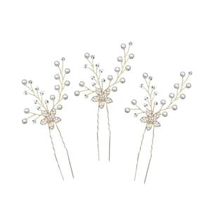 Set di 3 forcine dorate per capelli con perle e cristalli per acconciature da sposa
