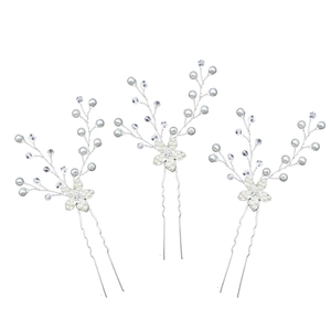 Set di 3 forcine da sposa con perle bianche e cristalli su base in filo argento