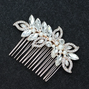 Peigne à cheveux de mariée doré élégant avec strass marquise et perles blanches