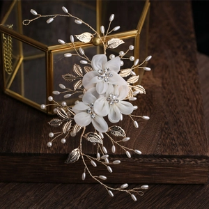 Exquisite bridal headband with chiffon flowers, faux pearls and golden metal leaves