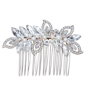Peigne à cheveux de mariée en argent avec cristaux marquise et perles blanches