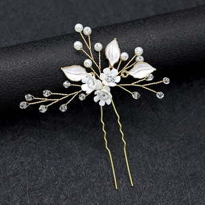Pic à Cheveux de Mariée Fait Main en Forme de U Avec Fleurs Blanches Künstliche Perles Strass Alliage Épingle Pour Mariage Fête Femme Bijoux