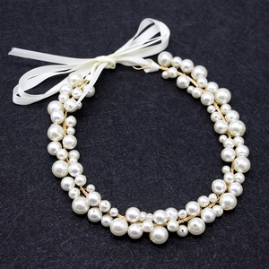 Bandeau de Mariée Élégant Fait à la Main en Künstliche Perles Avec Ruban en Satin Blanc Fil en Alliage d'Or Accessoires de Mariage