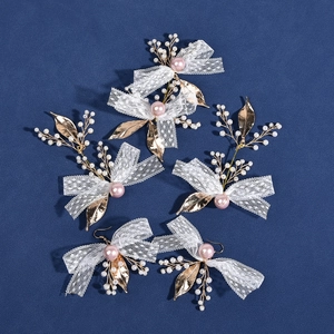 Bridal Wedding Hair Accessories Set White Lace Flower Pink Imitation Artificial Pearl Gold Alloy Leaf Headpiece Jewelry For Women