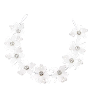 Elegant bridal floral headband with acrylic petals and pearls for wedding hair styling