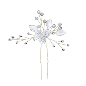 Épingle à cheveux de mariée dorée avec fleurs blanches, cristaux et perles grises