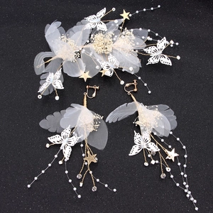 Accessoire Cheveux Mariage Style Coréen Pince à Cheveux Papillon en Gaze Blanche Avec Künstliche Perles et Étoiles d'Or pour Femmes