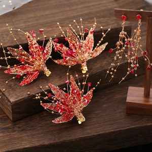 Set de barrettes de mariée feuilles d'érable dorées avec perles de cristal rouges