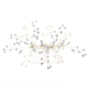 Silver bridal hair comb with pearls and light blue marquise crystals for wedding hair