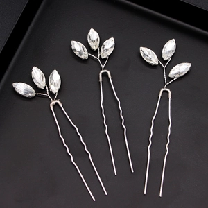 Set of 3 handmade bridal hair pins with silver leaves and marquise cut crystals