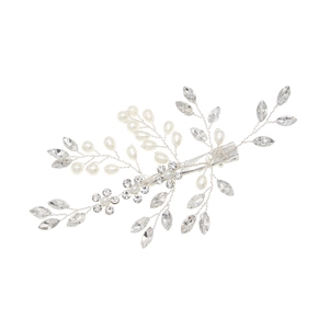 Pince à cheveux de mariée avec perles naturelles et strass sur branche argentée