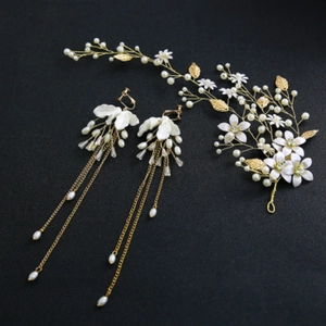 Serre-tête et Boucles d'Oreilles de Mariage Faits à la Main Alliage Künstliche Perle Fleur Or Blanc Accessoires de Coiffure pour Mariage Femme Élégant