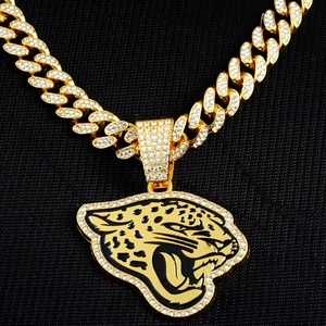 Hip hop style gold Cuban chain with iced out crystal panther head pendant necklace