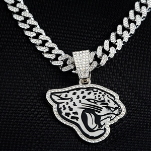 Hip hop silver tone cuban link necklace with iced-out panther head pendant and black enamel