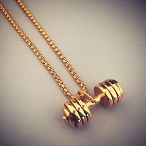 Collar hip hop con colgante de mancuerna dorada y cadena de caja para hombre y mujer