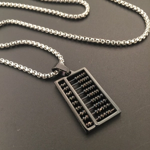 Creative black abacus pendant necklace with silver box chain in a minimalist hiphop style
