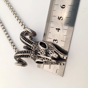 Close-up of a vintage black goat skull pendant necklace with dark gemstone eyes