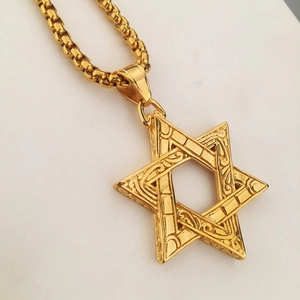 Collana Hip Hop con Ciondolo a Esagramma in Acciaio Inossidabile Placcato Oro Stella di David Gioielli Religiosi Donna Uomo
