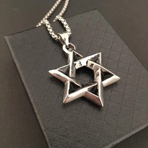 Detailed macro view of a silver hexagram pendant featuring vintage religious engravings