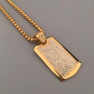 Hip Hop Gold Stainless Steel Dog Tag Necklace Full Rhinestone Pave Military Pendant Square Box Chain Trendy Mens Jewelry