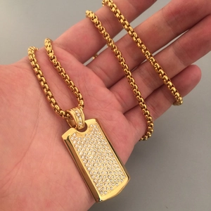Hip hop style gold tone titanium steel military dog tag necklace with micro pavé crystals