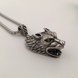 Gothic wolf head pendant necklace with aged silver finish and stainless steel box chain