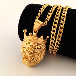 Hip Hop Men Stainless Steel Gold Lion Head Crown Pendant Necklace Meander Pattern Curb Chain Party Jewelry Accessory