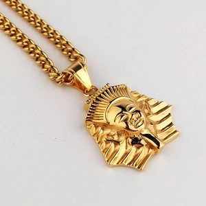 Collana Con Ciondolo Faraone Egiziano Vintage per Uomo Hip Hop Placcato Oro Acciaio Inossidabile Catena Cubana Gioielli