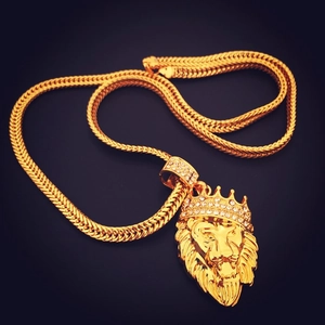 Hip hop style gold lion head pendant with crown and rhinestones on wheat chain necklace