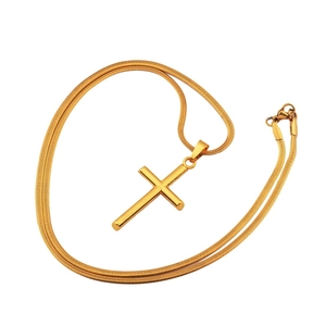 Polished gold plated titanium steel cylinder cross pendant necklace with flat snake chain