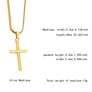 Gold-plated stainless steel cylinder cross pendant necklace with 60cm snake chain for men