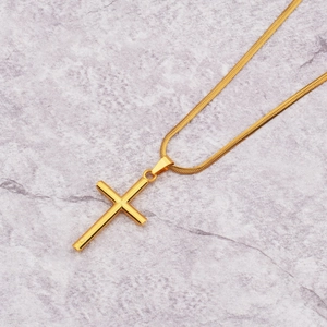 Polished gold-plated stainless steel cross pendant necklace with elegant snake chain