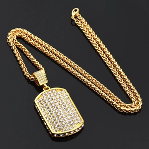 Collier hip hop plaqué or avec pendentif carré serti de strass pour hommes