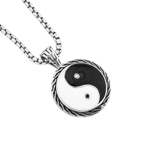 Vintage stainless steel Tai Chi Yin Yang pendant necklace with elegant cloud carvings