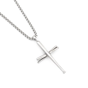 Polished silver stainless steel baseball bat cross pendant with box chain on white background